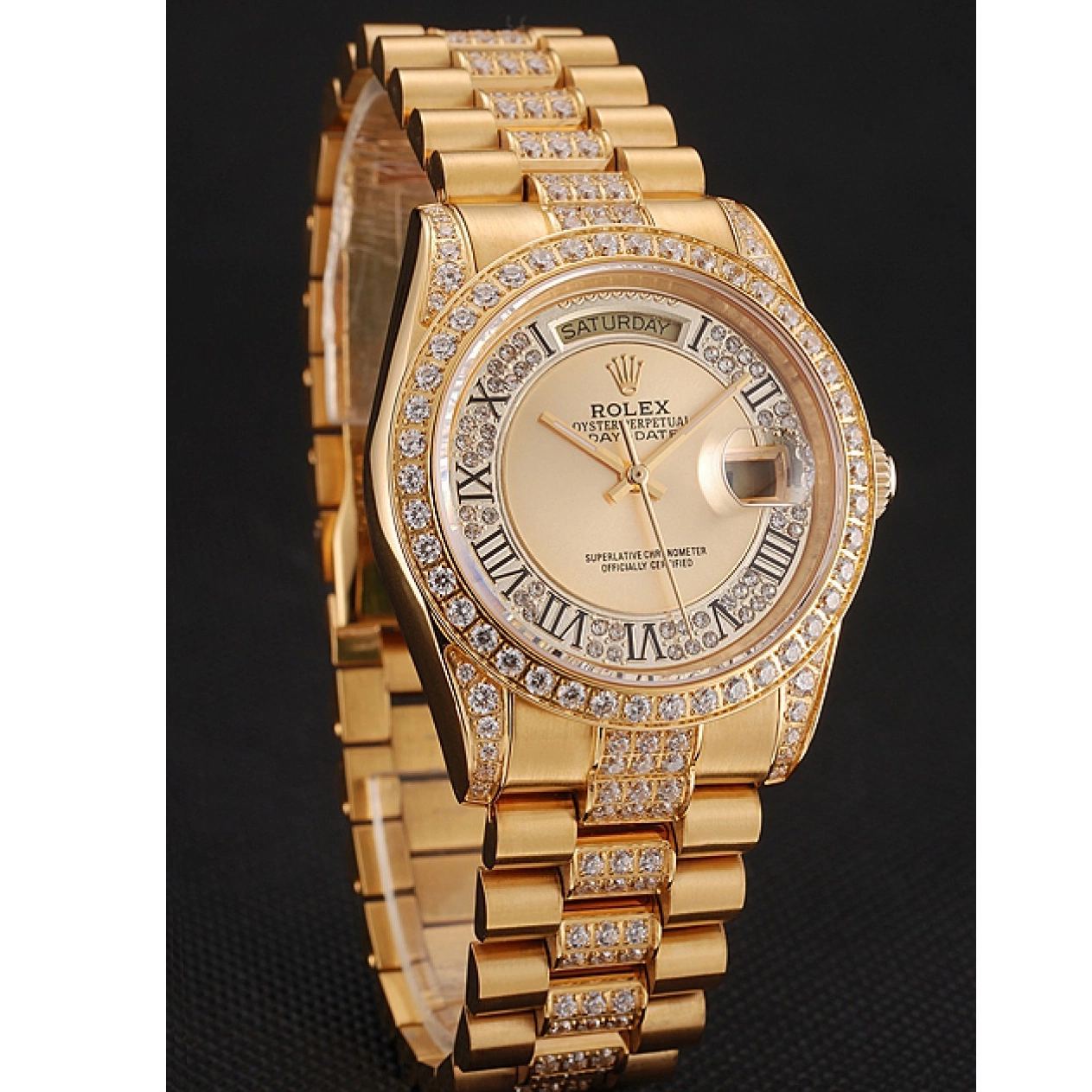 AAA Replica Watches Pave Dial Rolex Diamond Gold 1453954 Diamond Gold Swiss Day-Date Bracelet 0723